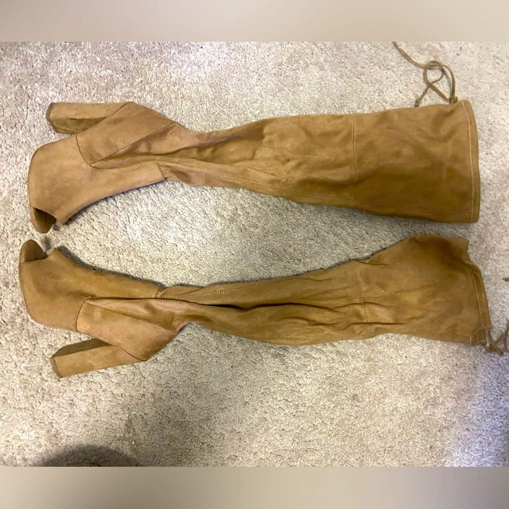 Thigh high suede peep toed boots